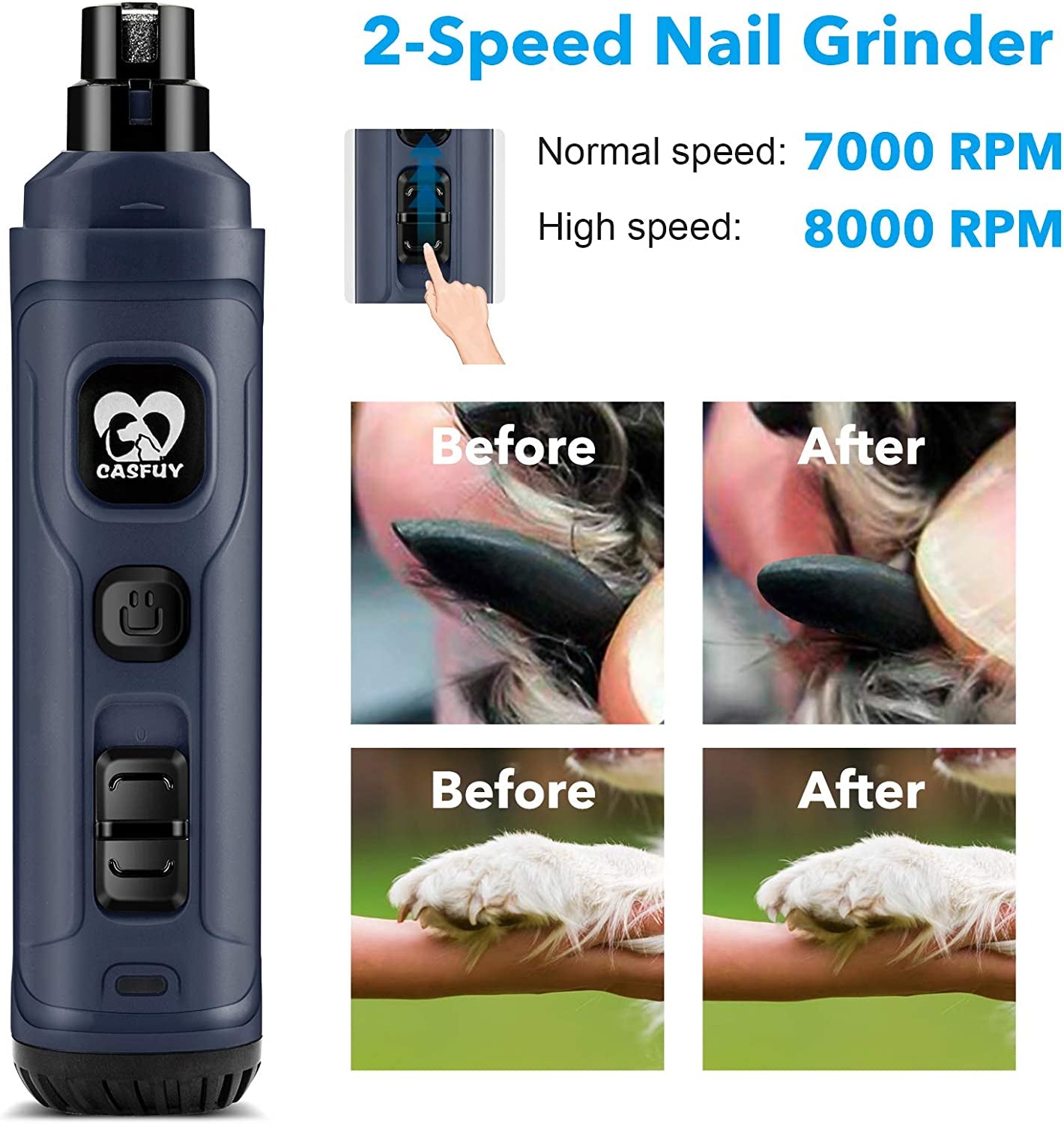 Dog Nail Grinder with Dual LED Light – Quiet 2-Speed Rechargeable Trimmer