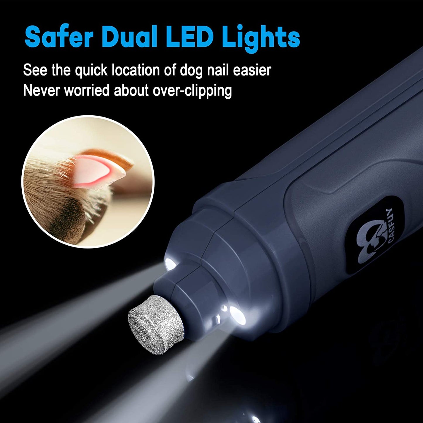 Dog Nail Grinder with Dual LED Light – Quiet 2-Speed Rechargeable Trimmer