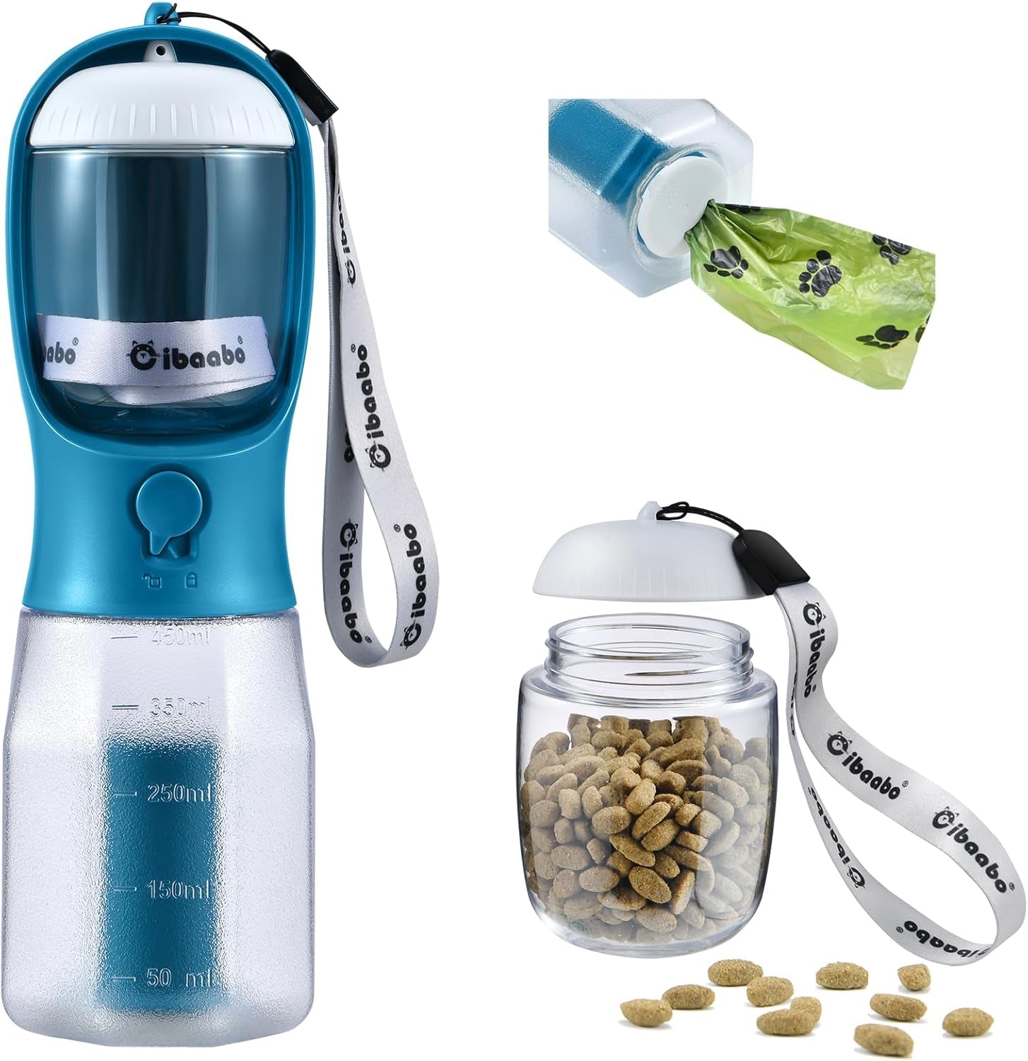 Dog Water Bottle & Food Container – Leak-Proof Travel Bowl with Poop Bag Holder