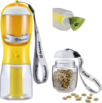 Dog Water Bottle & Food Container – Leak-Proof Travel Bowl with Poop Bag Holder