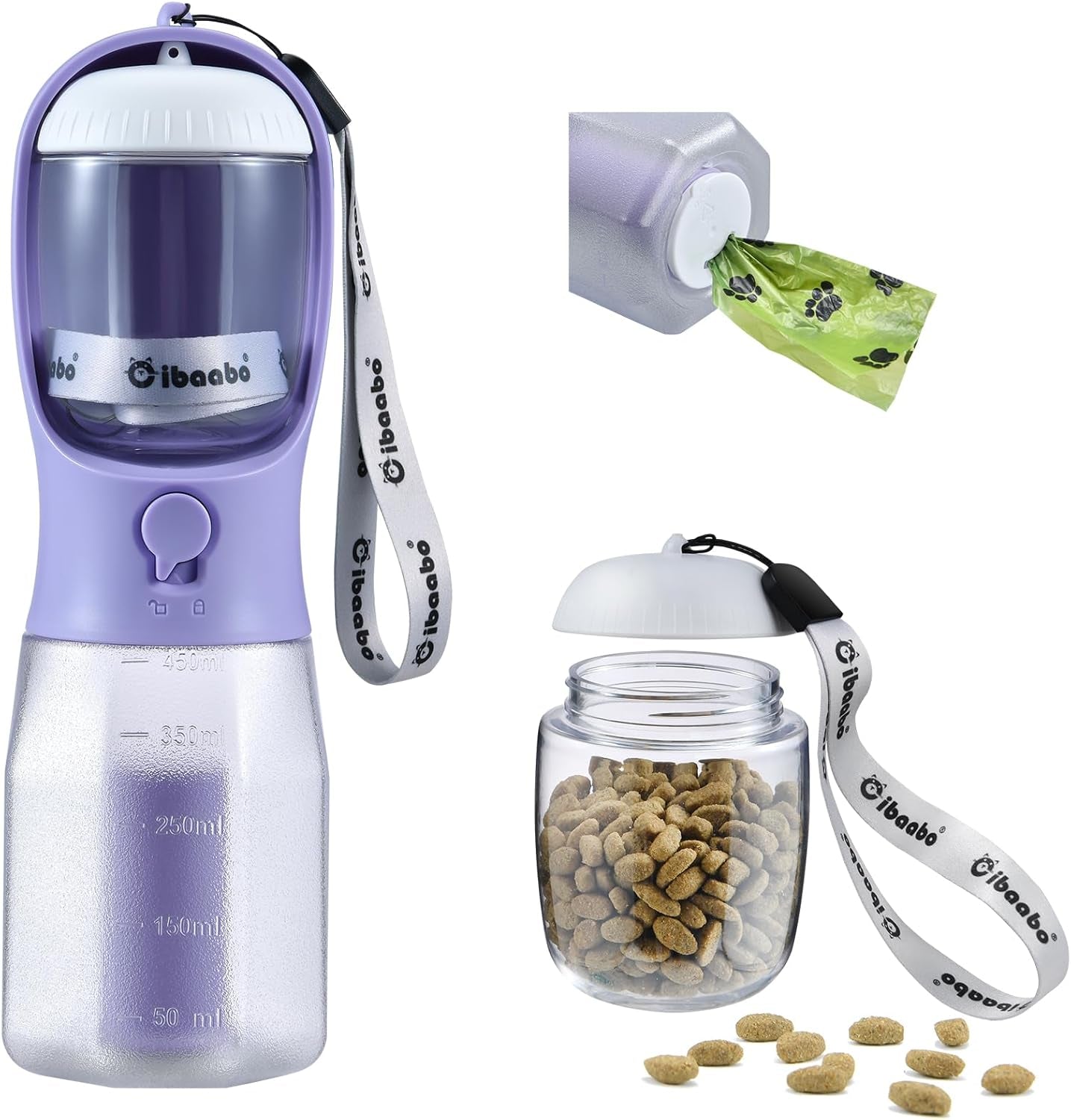 Dog Water Bottle & Food Container – Leak-Proof Travel Bowl with Poop Bag Holder