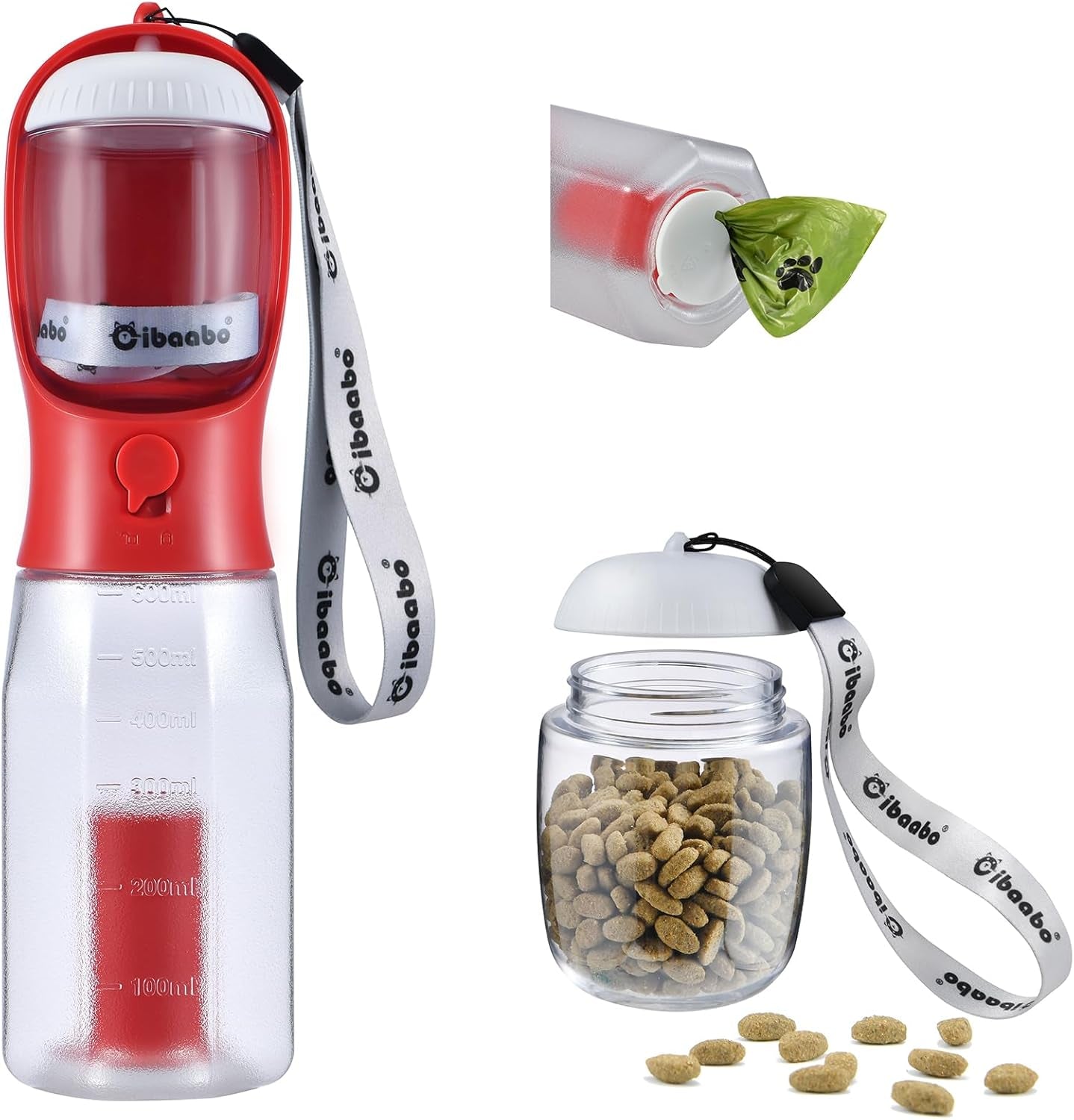 Dog Water Bottle & Food Container – Leak-Proof Travel Bowl with Poop Bag Holder