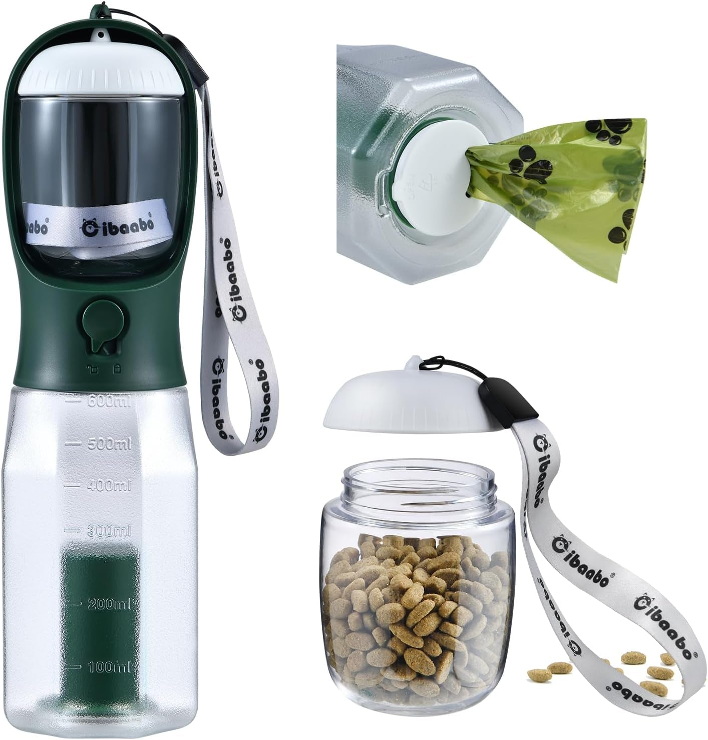 Dog Water Bottle & Food Container – Leak-Proof Travel Bowl with Poop Bag Holder