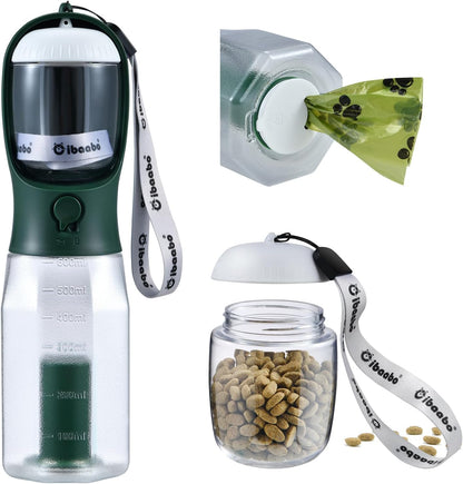 Dog Water Bottle & Food Container – Leak-Proof Travel Bowl with Poop Bag Holder