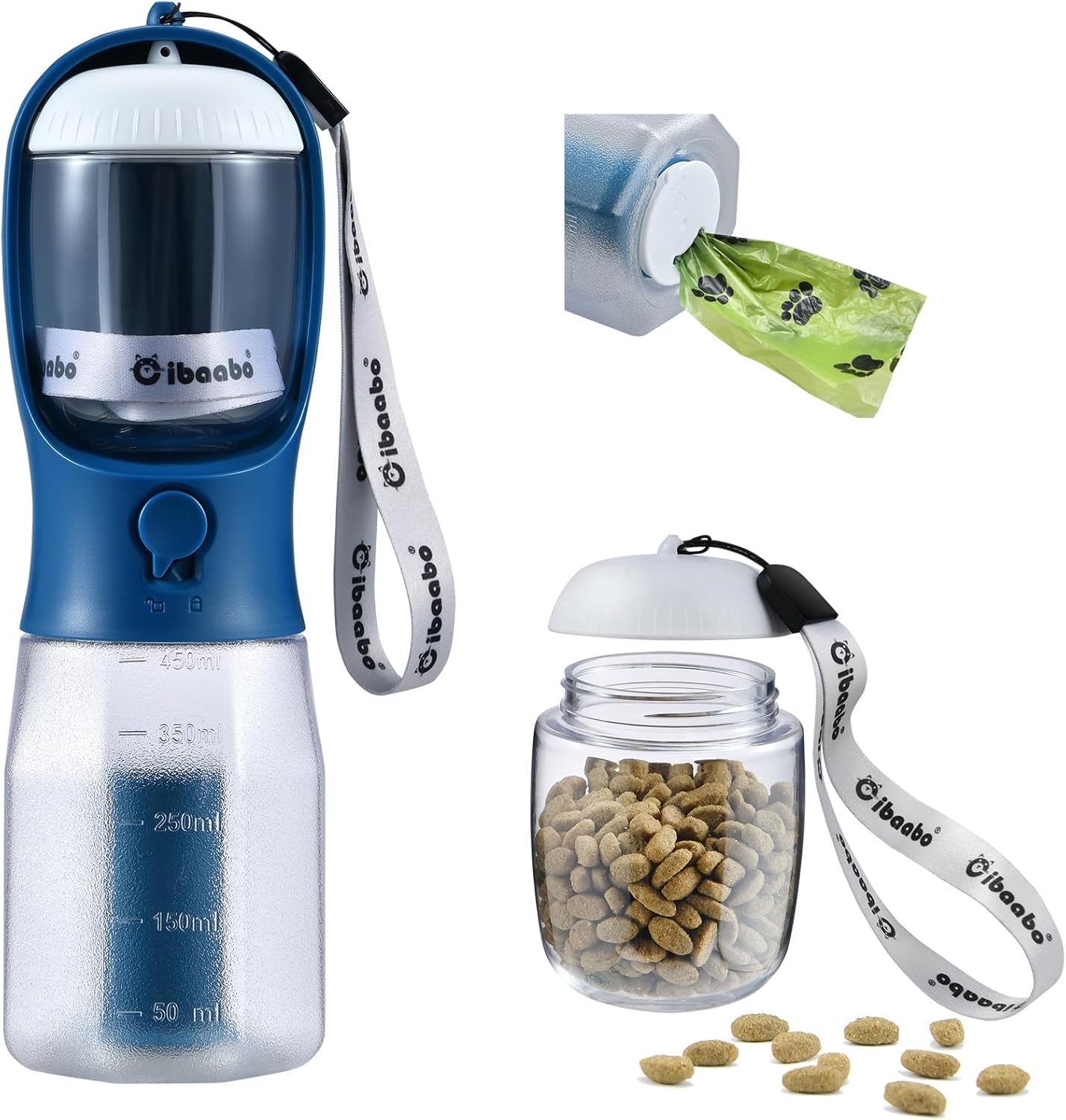Dog Water Bottle & Food Container – Leak-Proof Travel Bowl with Poop Bag Holder