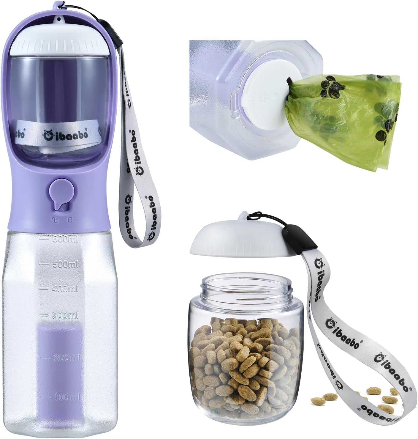 Dog Water Bottle & Food Container – Leak-Proof Travel Bowl with Poop Bag Holder