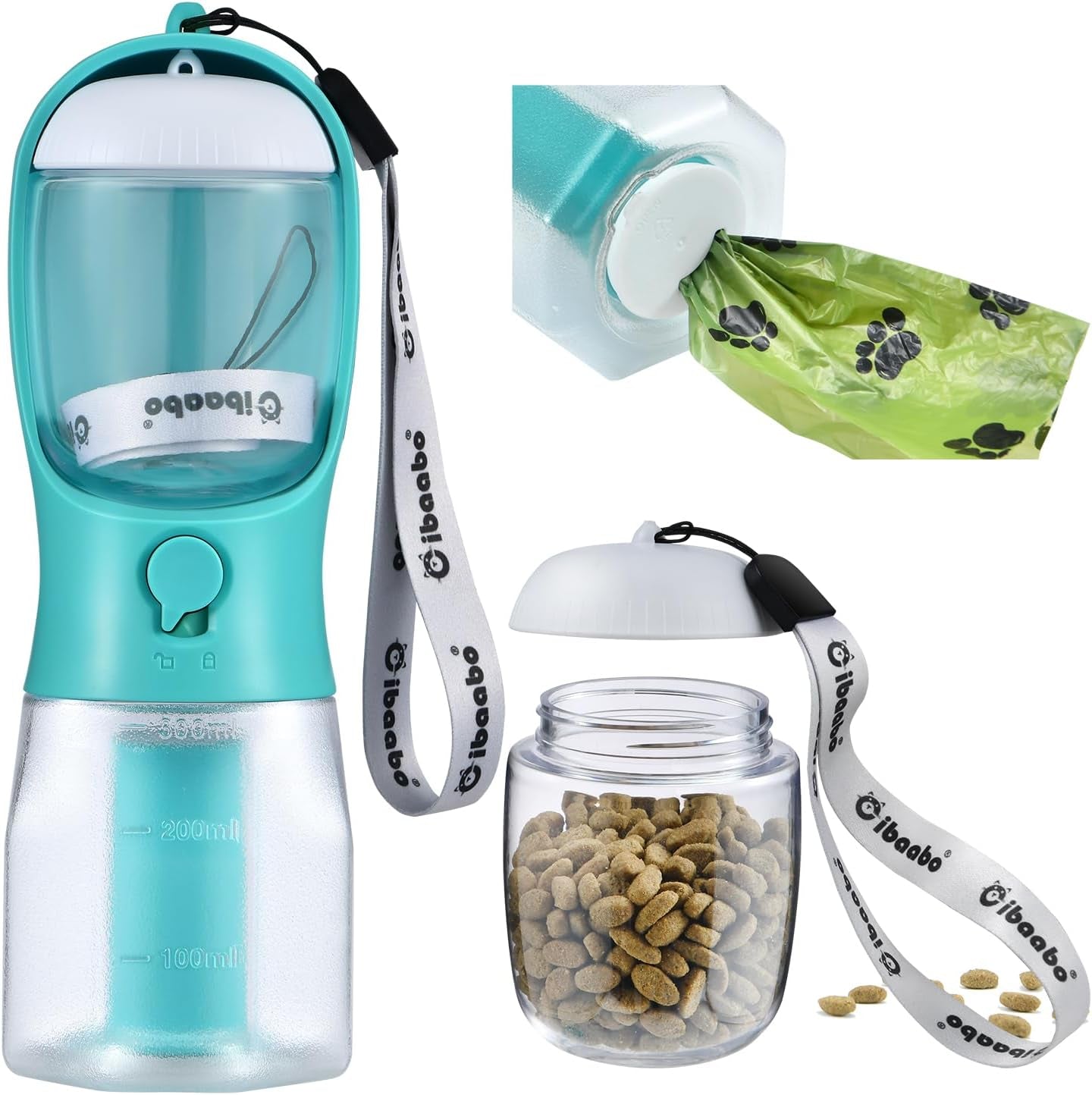 Dog Water Bottle & Food Container – Leak-Proof Travel Bowl with Poop Bag Holder