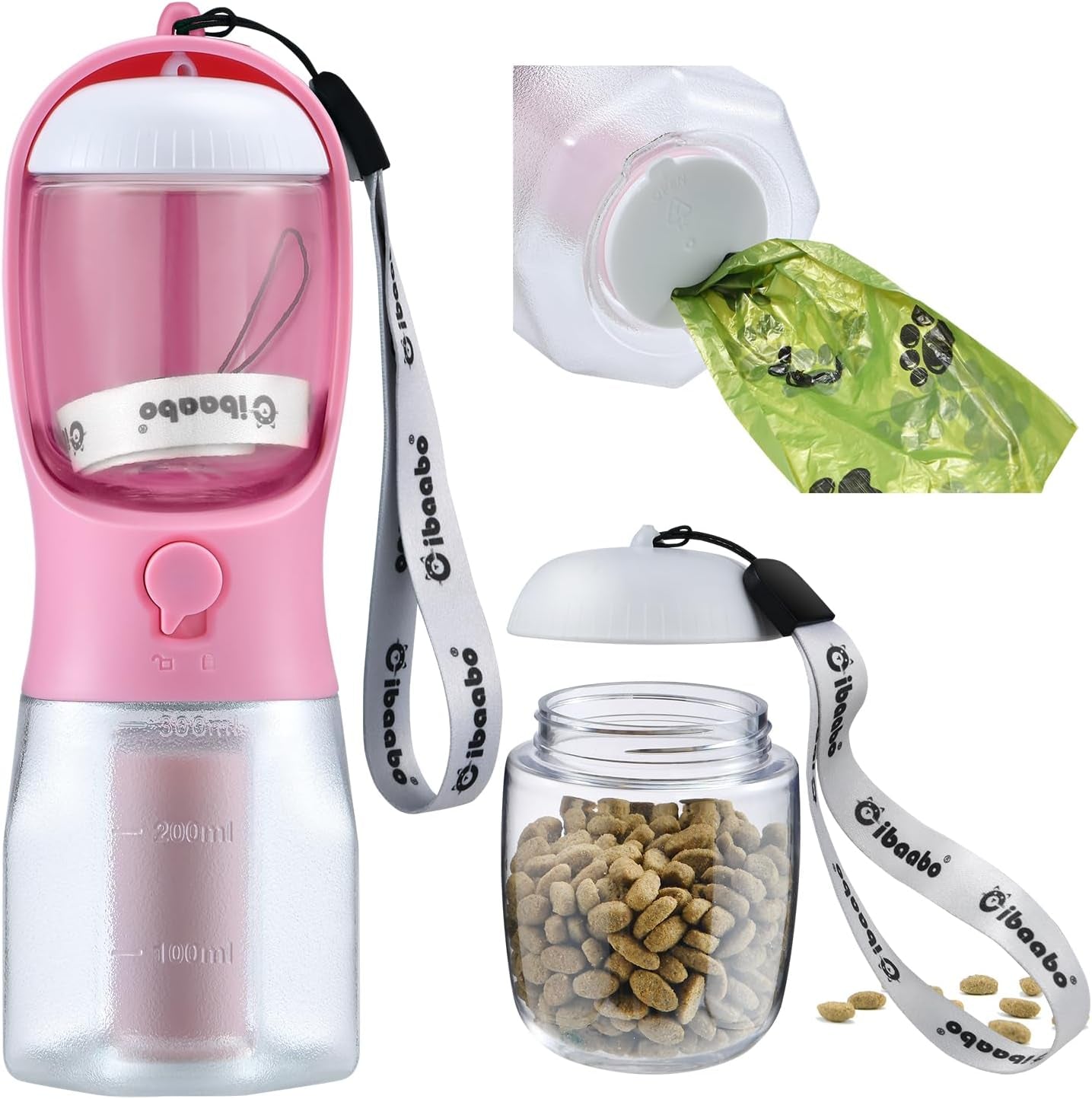 Dog Water Bottle & Food Container – Leak-Proof Travel Bowl with Poop Bag Holder