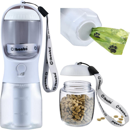 Dog Water Bottle & Food Container – Leak-Proof Travel Bowl with Poop Bag Holder