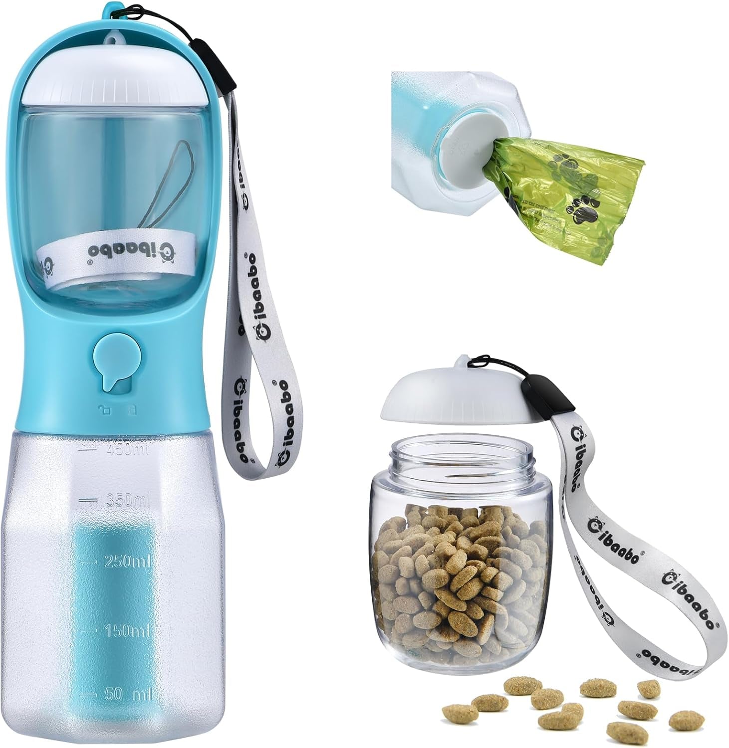 Dog Water Bottle & Food Container – Leak-Proof Travel Bowl with Poop Bag Holder
