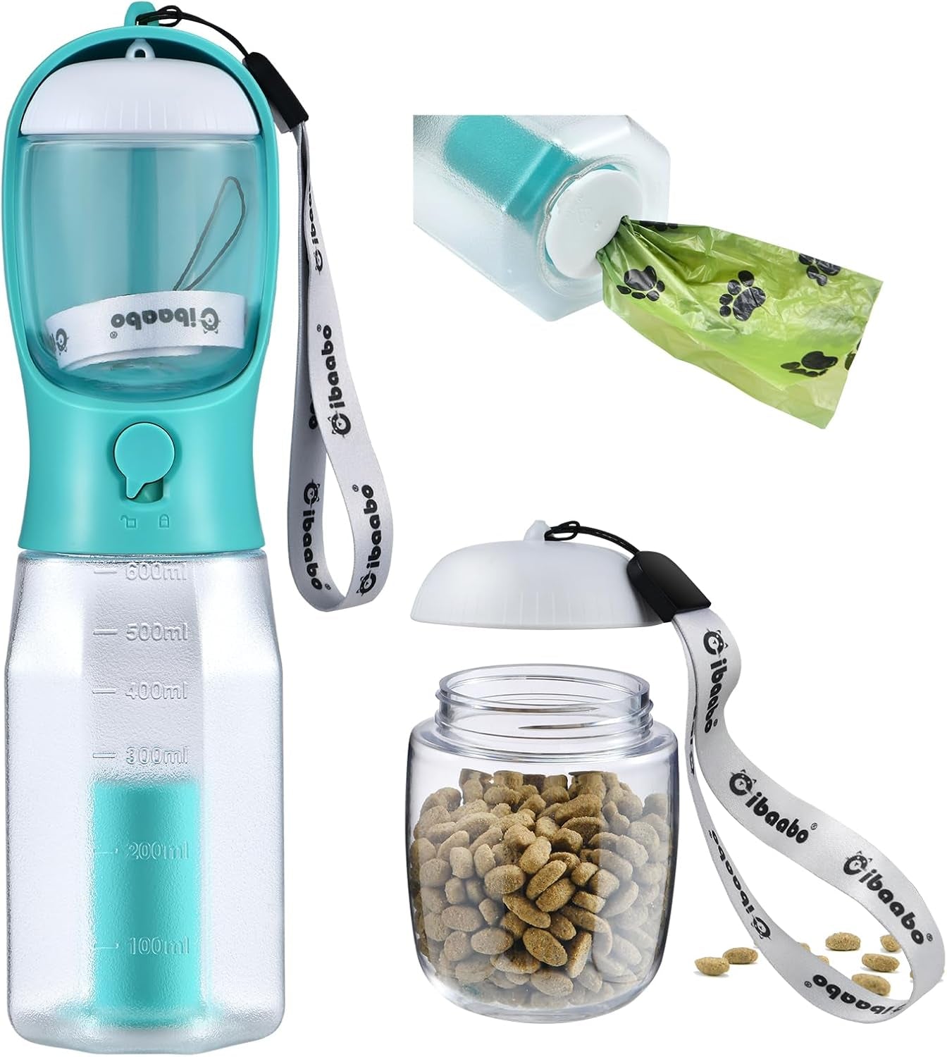Dog Water Bottle & Food Container – Leak-Proof Travel Bowl with Poop Bag Holder