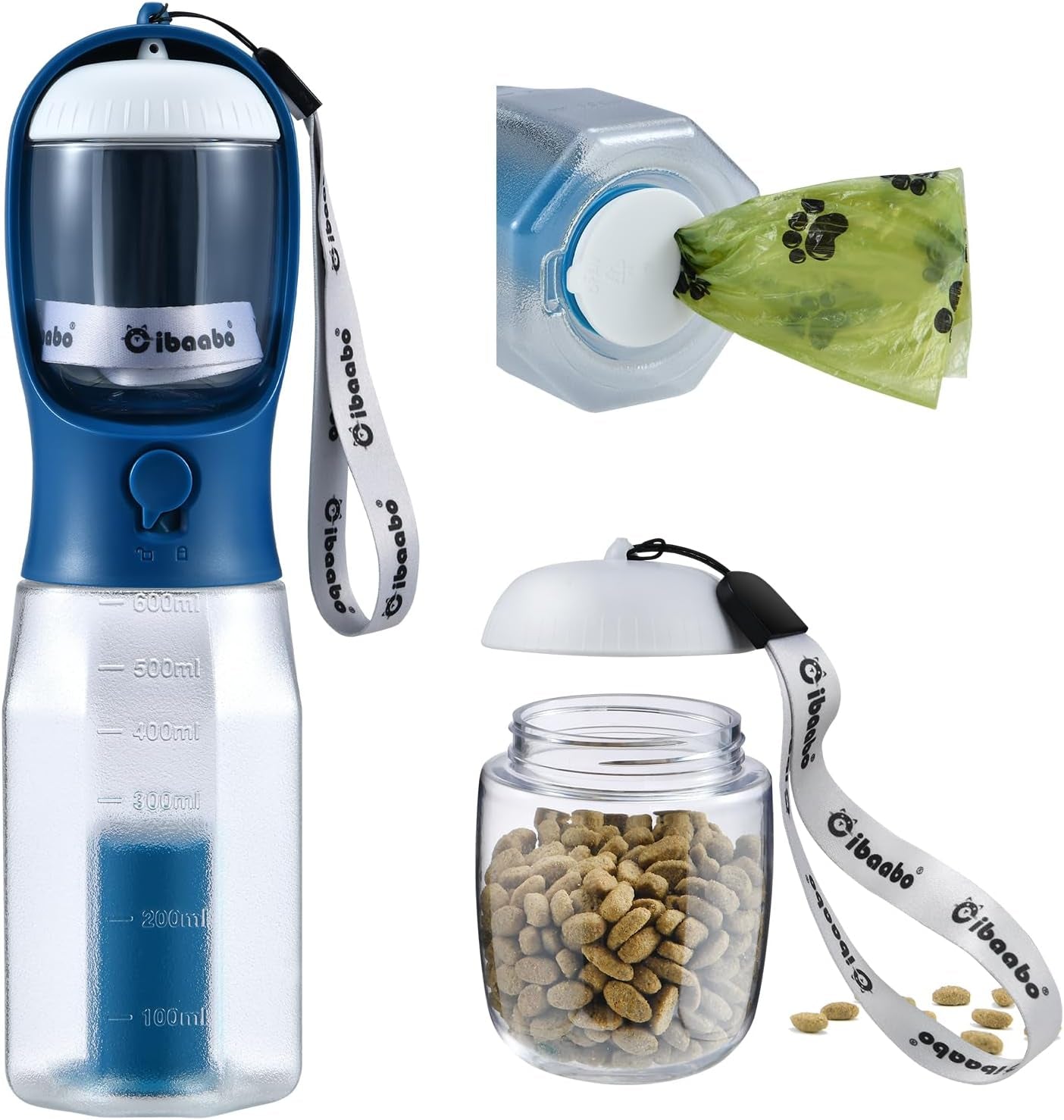 Dog Water Bottle & Food Container – Leak-Proof Travel Bowl with Poop Bag Holder