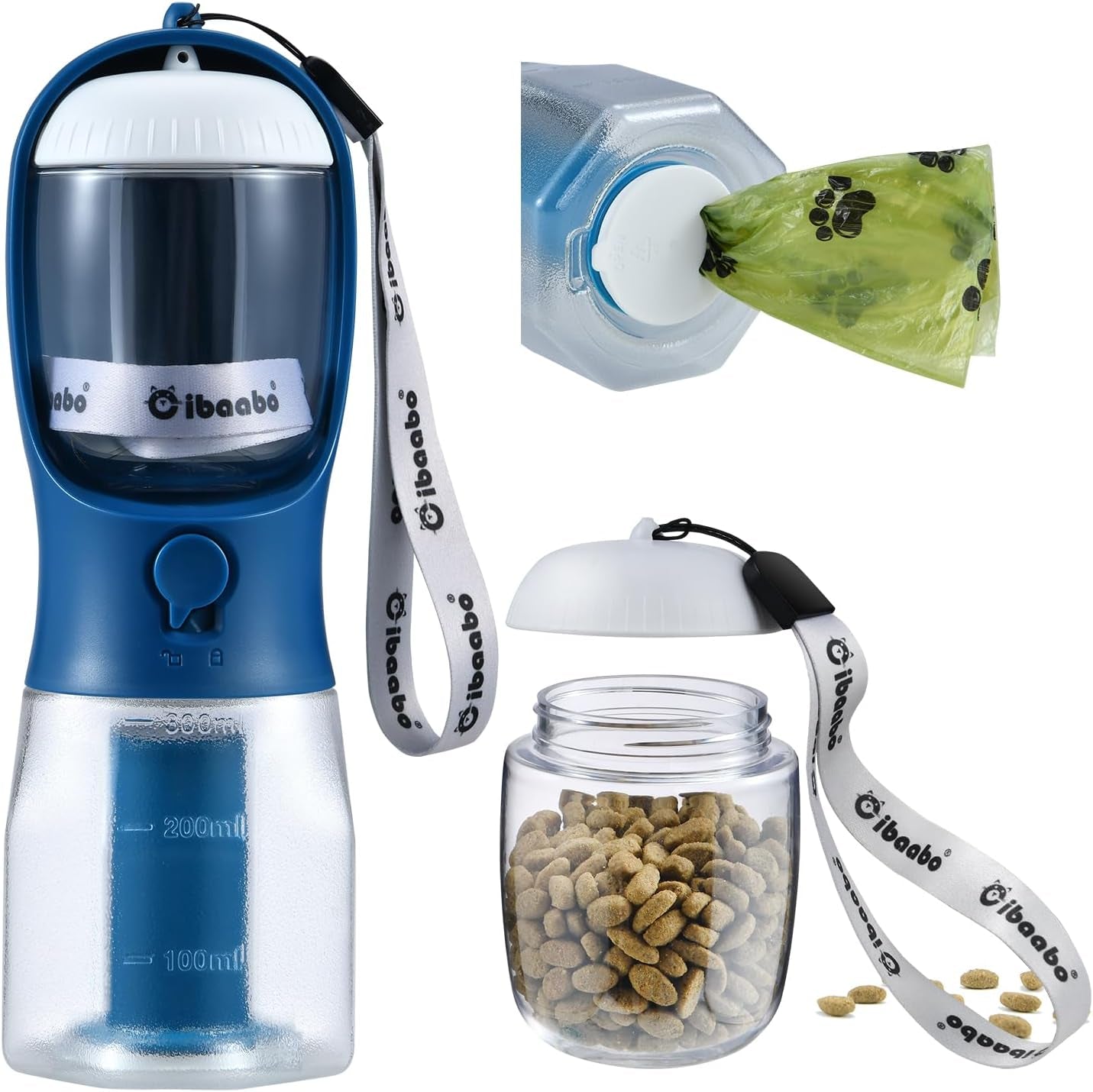 Dog Water Bottle & Food Container – Leak-Proof Travel Bowl with Poop Bag Holder