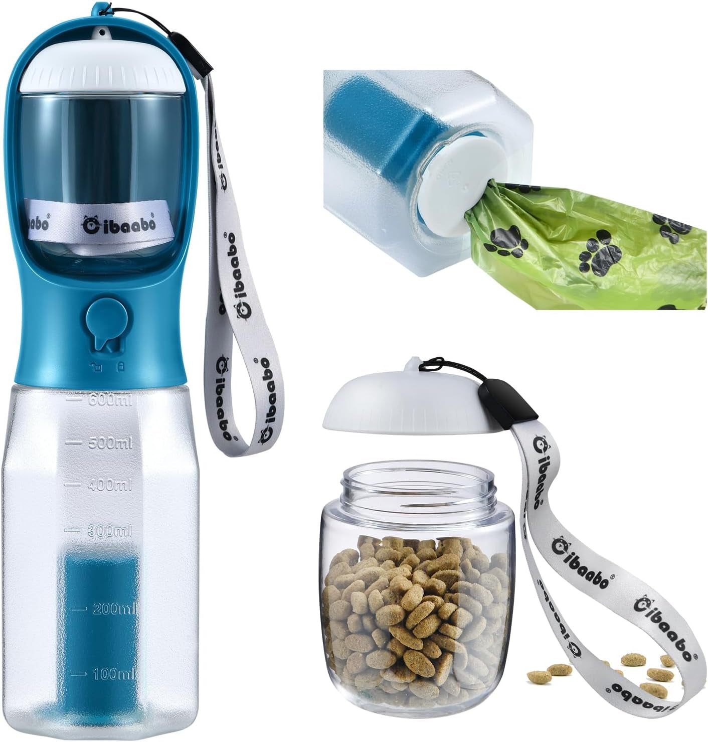 Dog Water Bottle & Food Container – Leak-Proof Travel Bowl with Poop Bag Holder