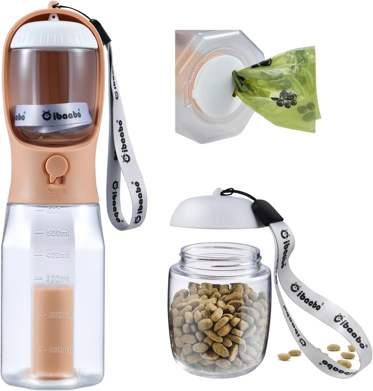 Dog Water Bottle & Food Container – Leak-Proof Travel Bowl with Poop Bag Holder