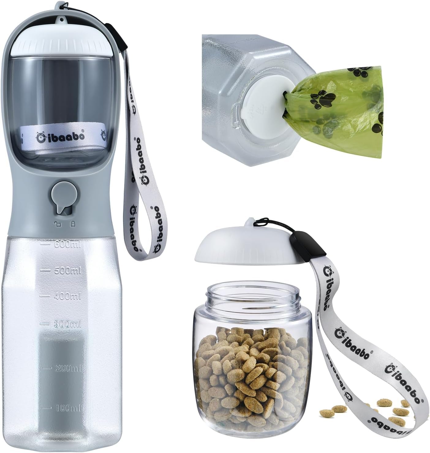 Dog Water Bottle & Food Container – Leak-Proof Travel Bowl with Poop Bag Holder