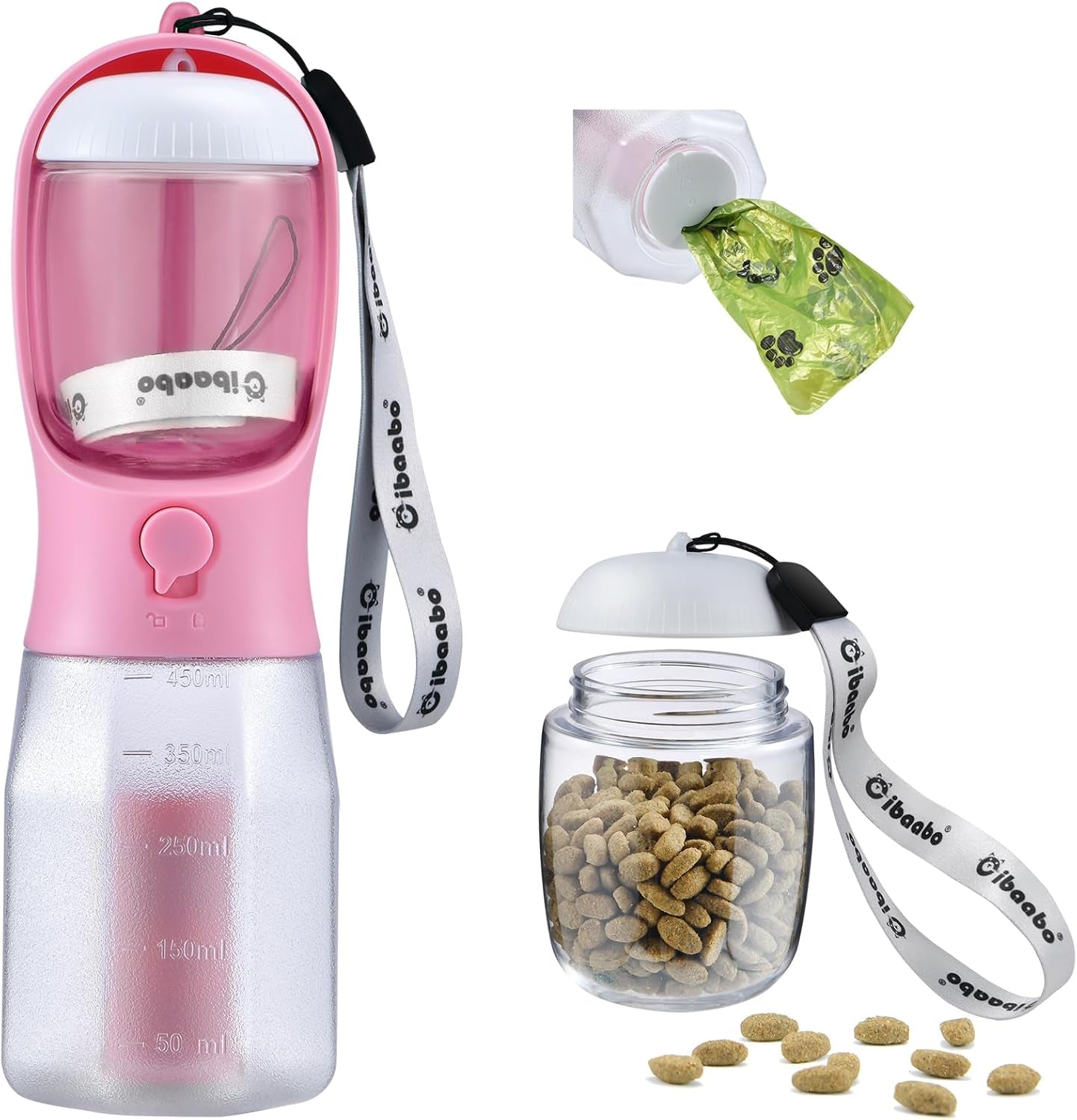 Dog Water Bottle & Food Container – Leak-Proof Travel Bowl with Poop Bag Holder