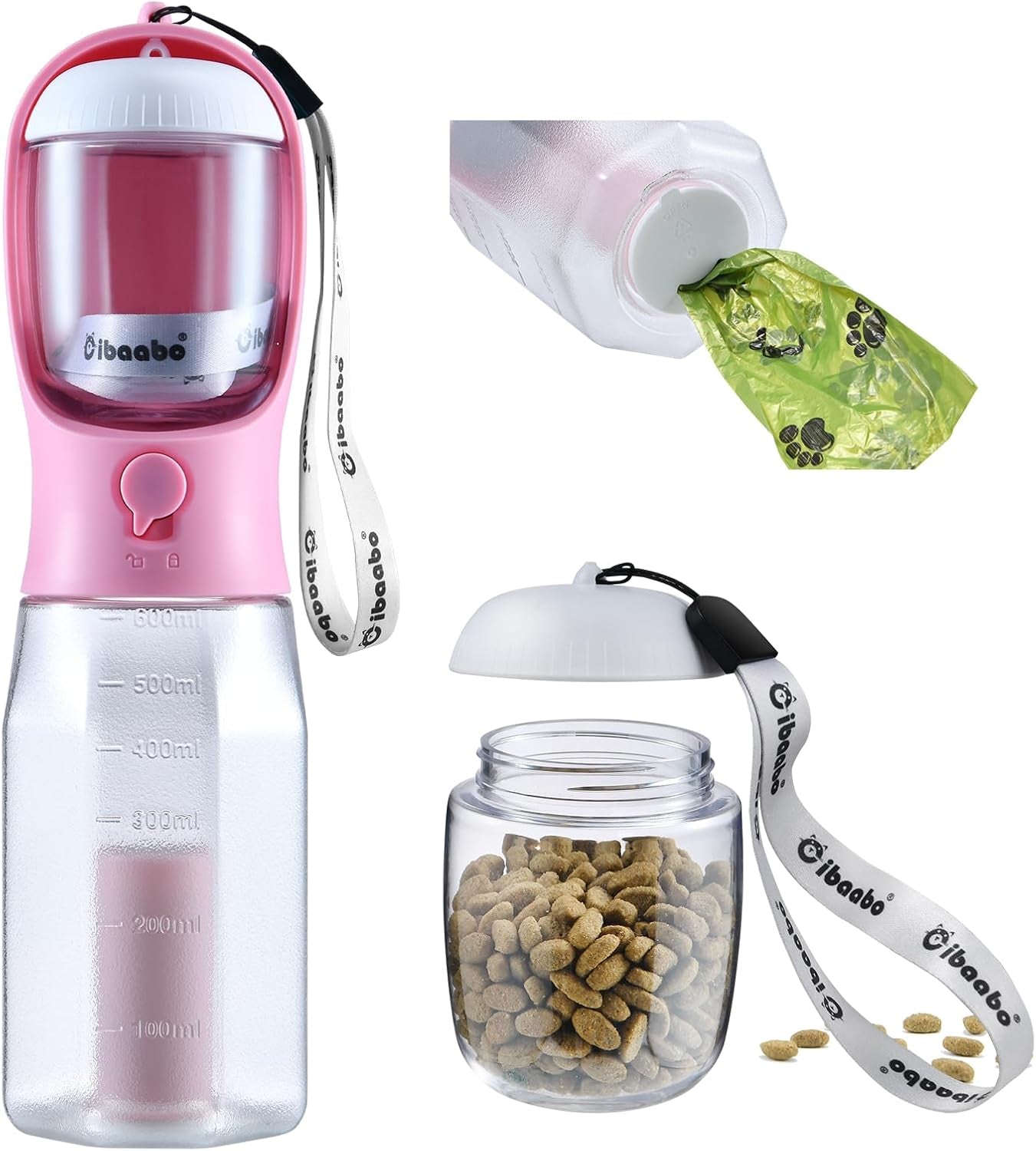 Dog Water Bottle & Food Container – Leak-Proof Travel Bowl with Poop Bag Holder