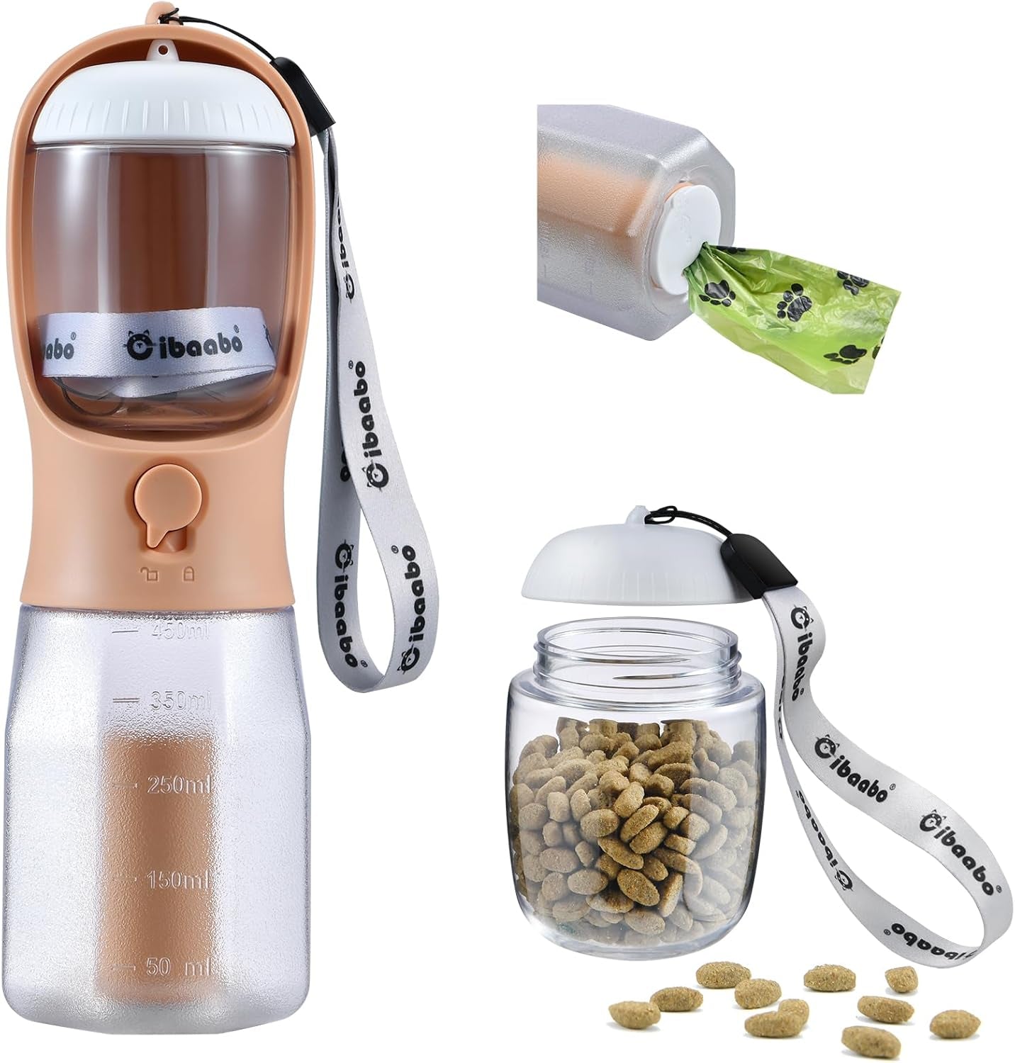 Dog Water Bottle & Food Container – Leak-Proof Travel Bowl with Poop Bag Holder