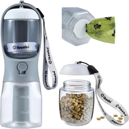 Dog Water Bottle & Food Container – Leak-Proof Travel Bowl with Poop Bag Holder