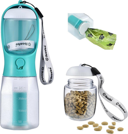 Dog Water Bottle & Food Container – Leak-Proof Travel Bowl with Poop Bag Holder