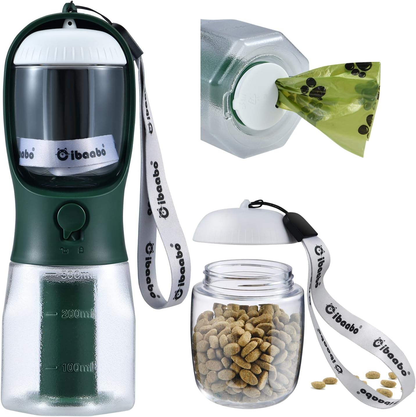 Dog Water Bottle & Food Container – Leak-Proof Travel Bowl with Poop Bag Holder