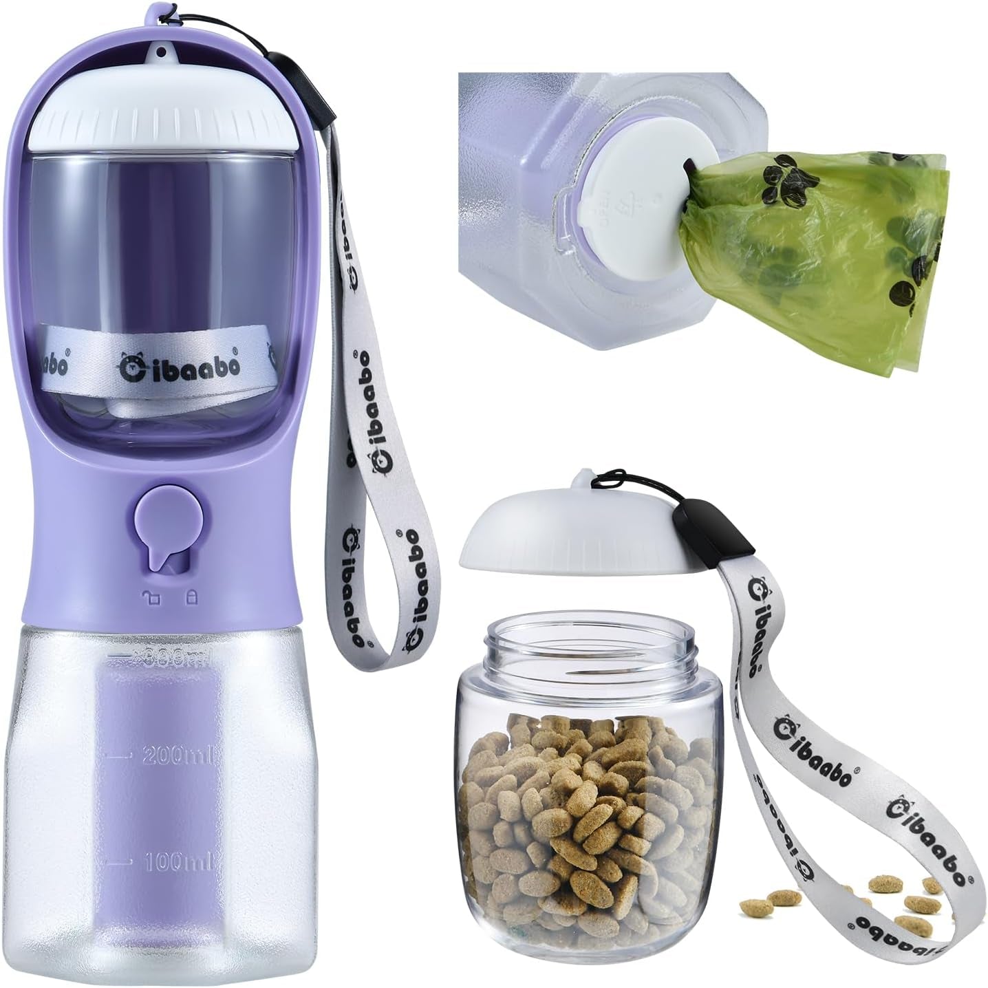 Dog Water Bottle & Food Container – Leak-Proof Travel Bowl with Poop Bag Holder