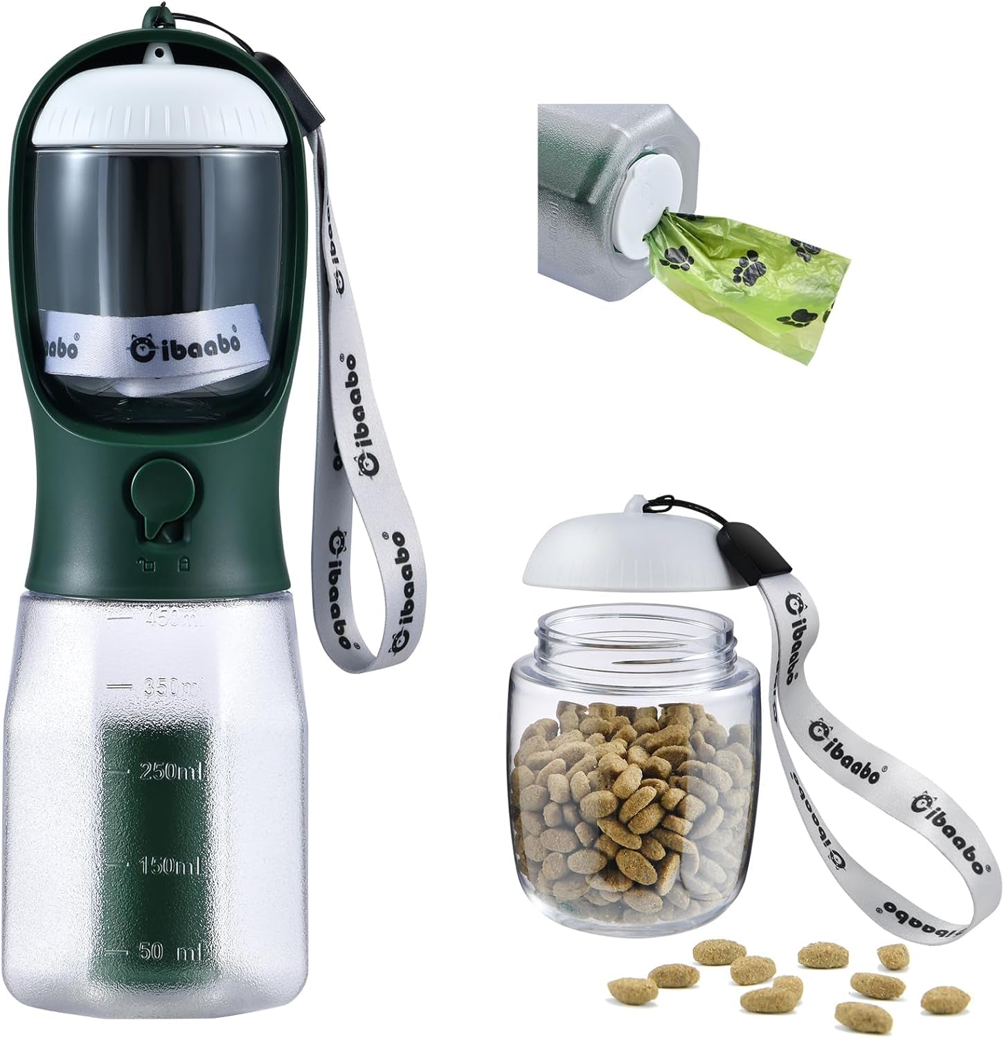 Dog Water Bottle & Food Container – Leak-Proof Travel Bowl with Poop Bag Holder