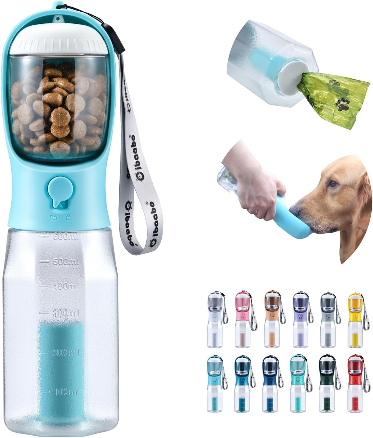 Dog Water Bottle & Food Container – Leak-Proof Travel Bowl with Poop Bag Holder