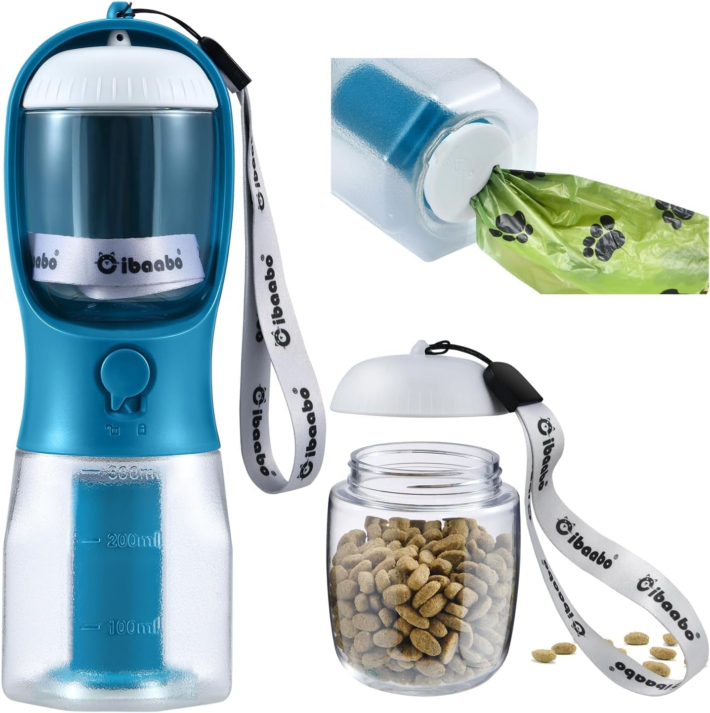 Dog Water Bottle & Food Container – Leak-Proof Travel Bowl with Poop Bag Holder