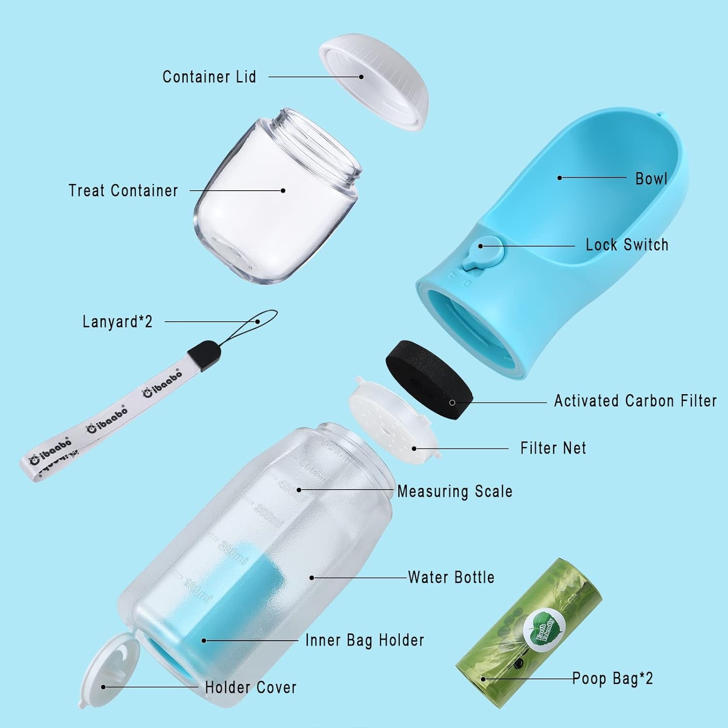Dog Water Bottle & Food Container – Leak-Proof Travel Bowl with Poop Bag Holder