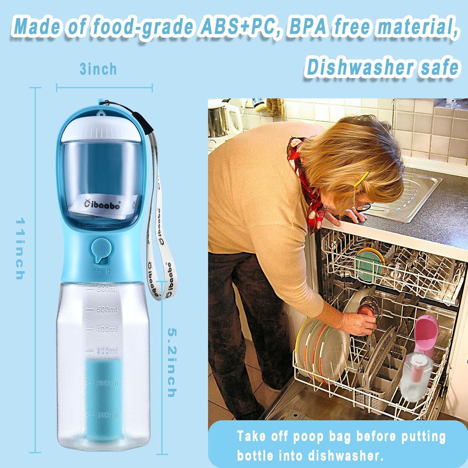 Dog Water Bottle & Food Container – Leak-Proof Travel Bowl with Poop Bag Holder