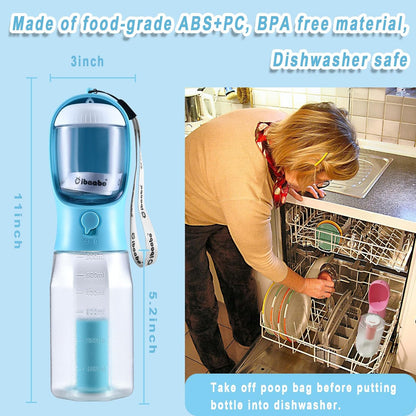 Dog Water Bottle & Food Container – Leak-Proof Travel Bowl with Poop Bag Holder
