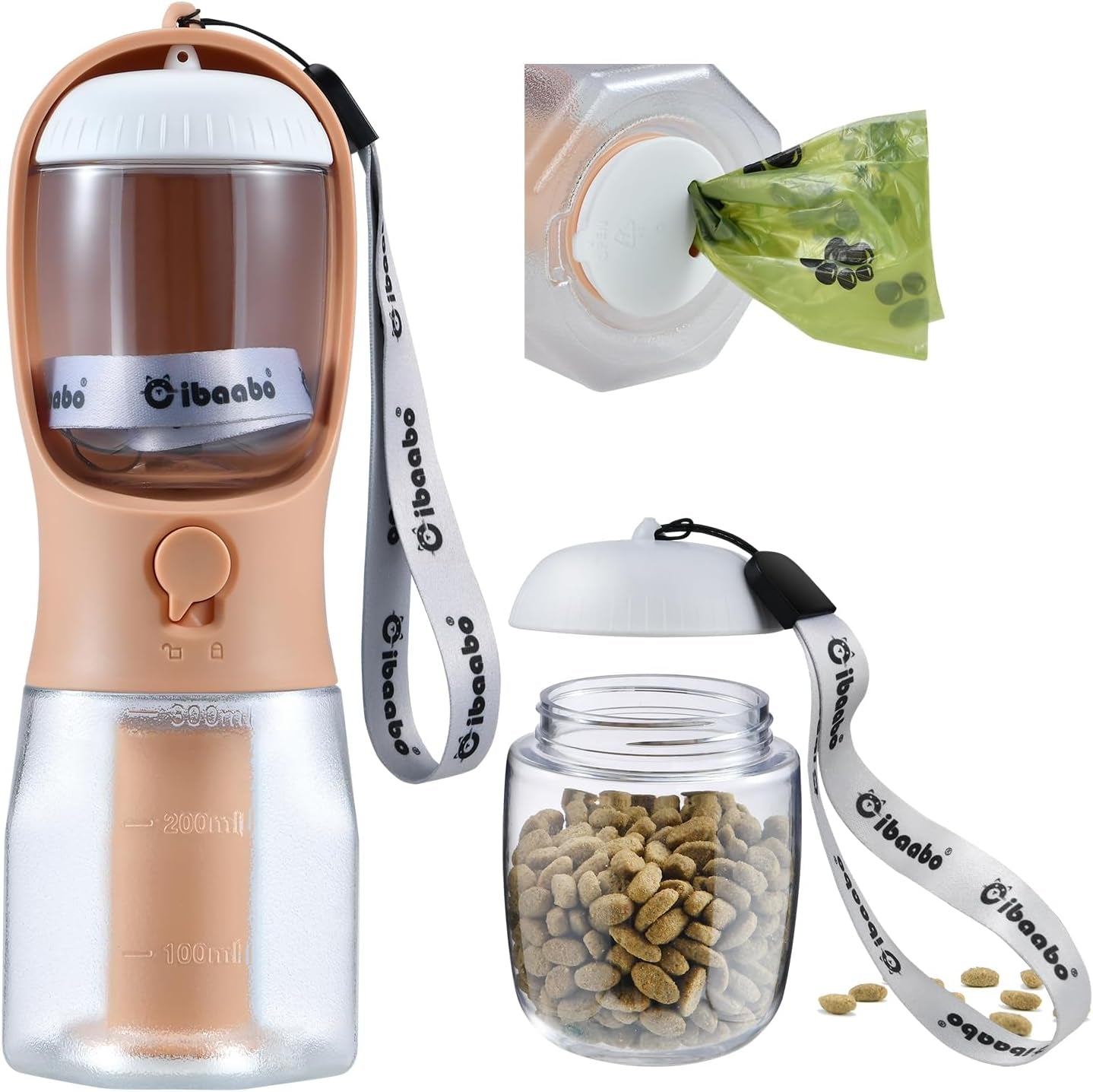 Dog Water Bottle & Food Container – Leak-Proof Travel Bowl with Poop Bag Holder