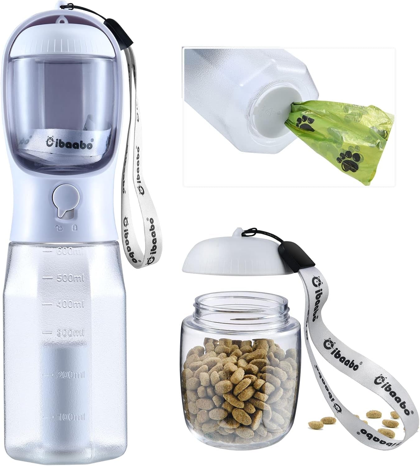 Dog Water Bottle & Food Container – Leak-Proof Travel Bowl with Poop Bag Holder